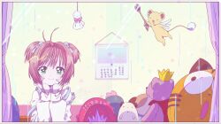 Rule 34 | 1girl, antenna hair, blush stickers, border, brown hair, calendar (object), cardcaptor sakura, closed mouth, dot nose, eyelashes, green eyes, hands on own face, highres, holding, holding spoon, indoors, kero (cardcaptor sakura), kinomoto sakura, long sleeves, open mouth, shirt, short twintails, smile, spoon, star (symbol), star in eye, stuffed animal, stuffed cat, stuffed toy, symbol in eye, teddy bear, teruterubouzu, twintails, upper body, white shirt, yellowking hiro