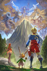 Rule 34 | 2boys, 2girls, adramelech (fft), blonde hair, boots, bow (weapon), brown hair, brown pants, card, cloud, commentary, english commentary, exodus (ffta), famfrit, final fantasy, final fantasy tactics, final fantasy tactics advance, forest, from behind, highres, holding, holding weapon, marche radiuju, mateus (ffta), mcgmark, miniskirt, montblanc, moogle, mountain, multiple boys, multiple girls, nature, pants, rapier, red hair, red pants, ritz malheur, shara, signature, skirt, staff, sword, thigh boots, tree, ultima, ultima (ffta), viera, weapon