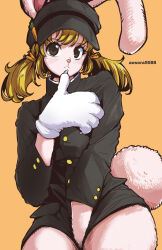 Rule 34 | 1girl, alternate costume, alternate hairstyle, animal ears, animal hands, aosora2823, between legs, black hat, black jacket, black shorts, blonde hair, blush, breasts, brown eyes, buttons, cabbie hat, carrot (one piece), carrot hair ornament, closed mouth, commentary, cowboy shot, food-themed hair ornament, furry, furry female, gakuran, gloves, hair ornament, hand between legs, hat, highres, jacket, long sleeves, looking at viewer, medium hair, one piece, orange background, paw gloves, rabbit ears, rabbit girl, rabbit tail, school uniform, short shorts, shorts, simple background, sitting, small breasts, solo, tail, thumb to mouth, twintails, white gloves