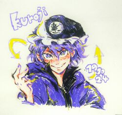 Rule 34 | 1other, androgynous, arrow (symbol), black hat, black shirt, character name, chinese commentary, collared shirt, commentary request, frilled hat, frills, grin, hair between eyes, hat, highres, hood, hood down, hooded jacket, jacket, len&#039;en, long sleeves, looking at viewer, marker (medium), mxx33, open clothes, open collar, open jacket, other focus, purple eyes, purple hair, purple jacket, purple nails, shirt, shitodo kuroji, short hair, smile, solo, traditional media