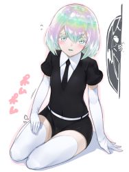 Rule 34 | 2others, androgynous, bad id, bad pixiv id, belt, black shirt, black shorts, blush, bort, commentary request, diamond (houseki no kuni), elbow gloves, gloves, grey eyes, houseki no kuni, jealous, lap, lap pillow invitation, long hair, looking at viewer, multicolored hair, multiple others, necktie, open mouth, patting lap, rainbow hair, shadow, shirt, short hair, short sleeves, shorts, simple background, sitting, smile, sparkle, thighhighs, translation request, white background, white gloves, white legwear, yoi naosuke