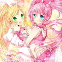 Rule 34 | 10s, 2girls, ao ringo, blonde hair, blue eyes, blush, bow, cure melody, cure rhythm, green eyes, hair bow, heart, highres, houjou hibiki, magical girl, minamino kanade, multiple girls, pink bow, pink hair, precure, suite precure, twintails