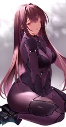 Rule 34 | 1girl, bodysuit, breasts, covered navel, fate/grand order, fate (series), hair between eyes, highres, kameponde, large breasts, long hair, looking at viewer, purple bodysuit, purple hair, red eyes, scathach (fate), sitting, solo, thighs, wariza
