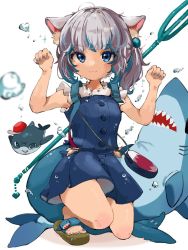 Rule 34 | 1girl, animal ears, bloop (gawr gura), blue eyes, blue hair, cat ears, chiikama (plus67kt), fins, fish tail, gawr gura, gawr gura (casual), hair ornament, hololive, hololive english, looking at viewer, multicolored hair, nail polish, official alternate costume, open mouth, polearm, shark tail, sharp teeth, silver hair, streaked hair, tail, teeth, toenail polish, toenails, trident, virtual youtuber, weapon
