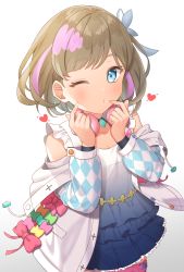 Rule 34 | 1girl, bad id, bad pixiv id, bare shoulders, blowing kiss, blue eyes, blush, breasts, cleavage, commentary request, frilled skirt, frills, gradient background, hair ornament, hajimari wa kimi no sora, headphones, headphones around neck, highres, jacket, light brown hair, lips, long sleeves, looking at viewer, love live!, love live! superstar!!, multicolored hair, one eye closed, open clothes, open jacket, puckered lips, ribbon, saki usagi, skirt, small breasts, solo, streaked hair, tang keke, upper body, white background, white jacket