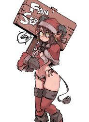 Rule 34 | 1girl, 33dot, absurdres, bell, bikini, body freckles, breasts, brown hair, capelet, earrings, elf, freckles, gloves, goat horns, goat tail, hat, highres, holding, holding sign, horizontal pupils, horns, jewelry, jingle bell, jingle bell earrings, krampus (33dot), monster girl, original, panties, pointy ears, pout, red capelet, red gloves, red panties, red thighhighs, santa bikini, santa costume, santa hat, sign, signpost, solo, spoken expression, spoken squiggle, squiggle, swimsuit, tail, thighhighs, underwear, yellow eyes
