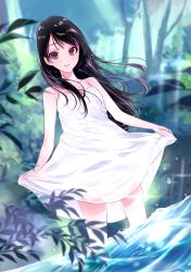 Rule 34 | 1girl, :d, akiyama sunao, bad id, bad pixiv id, bare arms, bare shoulders, black hair, breasts, commentary request, dress, forest, highres, holding, holding clothes, holding dress, leaf, long hair, looking at viewer, nature, open mouth, original, purple eyes, small breasts, smile, soaking feet, solo, standing, sundress, wading, water, white dress