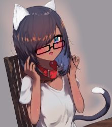 Rule 34 | 1girl, animal ears, black hair, blue eyes, blush, breasts, cat ears, cat girl, cat tail, chair, chito (natsume-same), collar, dark-skinned female, dark skin, eyebrows hidden by hair, fang, glasses, grey background, hair between eyes, hair over one eye, hands up, highres, long hair, looking at viewer, medium breasts, medium hair, natsume-same, open mouth, original, red collar, shirt, short sleeves, sidelocks, sitting, smile, solo, table, tail