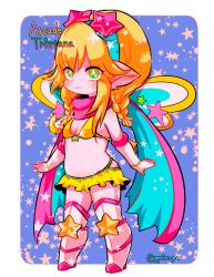 Rule 34 | 1girl, :3, alternate costume, alternate hair color, alternate hairstyle, animal ears, armlet, bare shoulders, bikini, bikini top only, blonde hair, blush, bracelet, braid, breasts, character name, closed mouth, english text, eyebrows, fairy wings, flat chest, full body, goggles, goggles on head, green eyes, hair between eyes, headgear, jewelry, league of legends, looking to the side, midriff, miniskirt, no navel, otani (kota12ro08), pointy ears, ring, scarf, short hair, skirt, small breasts, solo, star (symbol), star print, starry background, stomach, swimsuit, thighs, transparent background, tristana, twitter username, wings, yordle