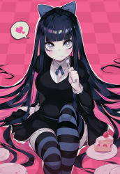 Rule 34 | 1girl, cake, eating, food, fork, heart, highres, looking at viewer, panty &amp; stocking with garterbelt, parororo, plate, sitting, solo, spoken heart, stocking (psg), strawberry shortcake, striped clothes, striped thighhighs, tagme, thighhighs