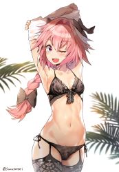 Rule 34 | 1boy, ;d, armpits, arms up, astolfo (fate), black bow, black bra, black panties, black thighhighs, blush, bow, bra, braid, bulge, crossdressing, fang, fate/apocrypha, fate/grand order, fate (series), fishnet thighhighs, fishnets, hair bow, long hair, looking at viewer, male focus, navel, one eye closed, open mouth, panties, pectorals, pink hair, puffy chest, purple eyes, side-tie panties, simple background, single braid, skin fang, smile, solo, standing, suou-sensei, thighhighs, trap, twitter username, underwear, underwear only, white background