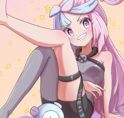 Rule 34 | 1girl, blush, bow-shaped hair, breasts, character hair ornament, creatures (company), game freak, hair ornament, highres, iono (pokemon), jacket, leg up, long hair, looking at viewer, medium breasts, multicolored hair, nintendo, pantyhose, pink hair, pokemon, pokemon sv, rono (lethys), sharp teeth, shirt, sleeveless, sleeveless shirt, sleeves past fingers, sleeves past wrists, smile, solo, teeth, two-tone hair, yellow jacket