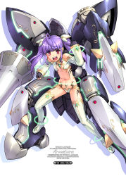 Rule 34 | 1girl, flat chest, long hair, magaki ryouta, mecha musume, open mouth, pubic tattoo, purple hair, red eyes, solo, tattoo, twintails