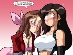 Rule 34 | 2girls, aerith gainsborough, black hair, blush, bolo tie, breasts, brown hair, character name, cleavage, cloud strife, dangle earrings, dress, earrings, english text, final fantasy, final fantasy vii, friends, gradient background, green eyes, jacket, jewelry, large breasts, looking at another, looking to the side, multiple girls, o3o, pink background, pink dress, rcasedrawsstuff, red jacket, smile, speech bubble, square enix, suspenders, sweat, teasing, tifa lockhart, upper body