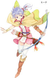 Rule 34 | 1girl, agahari, arm guards, arrow (projectile), bangle, beads, bow (weapon), bracelet, brown footwear, cape, cape lift, dress, elf, floating hair, full body, hair beads, hair ornament, holding, holding bow (weapon), holding weapon, jewelry, jumping, long hair, looking away, lost technology, non-web source, petite, pink dress, pointy ears, popped collar, purple eyes, purple hair, quiver, short dress, sideways glance, silver hair, simple background, smile, solo, tassel, thighhighs, toggles, weapon, white background, white thighhighs, yellow cape, zettai ryouiki