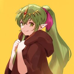 Rule 34 | 1girl, brown robe, closed mouth, commentary request, fire emblem, fire emblem: mystery of the emblem, fire emblem heroes, green eyes, green hair, hair between eyes, hair ornament, hair ribbon, highres, hood, hood down, hooded robe, jewelry, jiro (ninetysix), long hair, looking at viewer, nintendo, pink ribbon, pointy ears, ponytail, ribbon, robe, simple background, smile, solo, tiara, tiki (fire emblem), tiki (young) (fire emblem), upper body, very long hair, yellow background