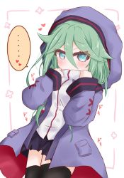Rule 34 | ..., 1girl, alternate costume, black skirt, black thighhighs, blue eyes, blush, commentary request, covered mouth, green hair, hair between eyes, hands up, heart, high collar, highres, hood, hood up, hooded jacket, jacket, kantai collection, long hair, long sleeves, looking at viewer, open clothes, open jacket, pleated skirt, purple jacket, ridy (ri sui), shirt, skirt, sleeves past wrists, solo, spoken ellipsis, spoken heart, thighhighs, very long hair, white background, white shirt, wide sleeves, yamakaze (kancolle)