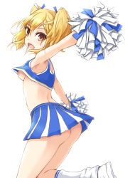 Rule 34 | 1girl, :d, armpits, ass, back, bare shoulders, blue skirt, blush, breasts, cheerleader, crop top, from side, hinabita, izumi ibuki, kuro (be ok), leg up, leg warmers, looking at viewer, looking to the side, medium breasts, no bra, no panties, open mouth, outstretched arms, pom pom (cheerleading), red eyes, short hair, short twintails, simple background, skirt, sleeveless, smile, solo, standing, standing on one leg, tareme, thighs, twintails, underboob, upskirt, white background