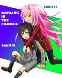 Rule 34 | 10s, 1boy, 1girl, black hair, black pantyhose, blue eyes, blush, commentary request, couple, darling in the franxx, gradient background, green eyes, hiro (darling in the franxx), horns, hug, hug from behind, legwear garter, long hair, military, military uniform, pantyhose, pink hair, short hair, uniform, user wrxh8852, zero two (darling in the franxx)