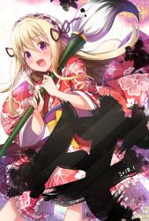 Rule 34 | 1girl, :d, blonde hair, blush, calligraphy brush, commentary request, dated, fang, floral print, frilled hairband, frilled kimono, frills, hair between eyes, hairband, holding, holding brush, ink, japanese clothes, kimono, long hair, long sleeves, looking away, matokechi, nengajou, new year, obi, open mouth, original, oversized object, paintbrush, print kimono, purple eyes, red kimono, sash, smile, solo, very long hair, wide sleeves