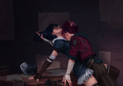Rule 34 | 2girls, artist name, bandaged arm, bandages, blue hair, caitlyn (league of legends), closed eyes, fingerless gloves, gloves, hand in another&#039;s hair, hand on another&#039;s head, highres, indoors, league of legends, max kay, multiple girls, parted lips, red hair, vi (league of legends), yuri