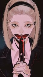 Rule 34 | 1girl, animal, aqua eyes, black jacket, blonde hair, bob cut, bug, collared shirt, covered mouth, eyelashes, finger on trigger, fingernails, formal, gun, hair slicked back, handgun, highres, holding, holding gun, holding weapon, hunter x hunter, insect, interlocked fingers, jacket, looking at viewer, moth, own hands together, parody, portrait, rion (ironrionn), shirt, short hair, signature, solo, straight-on, suit, the silence of the lambs, theta (hunter x hunter), weapon, white shirt