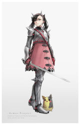 Rule 34 | 1girl, alternate costume, armor, artist name, bad id, bad pixiv id, belt, black hair, border, chainmail, closed mouth, commentary request, copyright name, creatures (company), earrings, eyelashes, game freak, gen 8 pokemon, gloves, greaves, green eyes, hairband, highres, holding, holding sword, holding weapon, jewelry, kazuko (towa), looking to the side, marnie (pokemon), medium hair, morpeko, morpeko (full), nintendo, pokemon, pokemon (creature), pokemon swsh, shoulder armor, spikes, standing, sword, weapon, white border