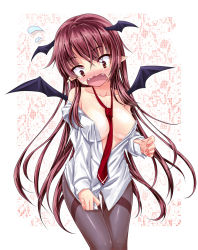 Rule 34 | 1girl, bare shoulders, bat wings, between breasts, black pantyhose, blush, bottomless, breasts, brown eyes, brown hair, cleavage, clothes between breasts, dress shirt, embarrassed, embodiment of scarlet devil, fangs, female focus, flying sweatdrops, head wings, koakuma, large breasts, long hair, nail polish, necktie, no bra, no pants, off shoulder, open clothes, open shirt, pantyhose, pointy ears, red eyes, red hair, red necktie, sea chicken, shirt, shirt tug, solo, sweatdrop, thighband pantyhose, touhou, very long hair, wardrobe malfunction, wavy mouth, wings
