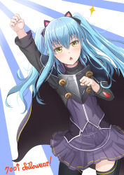 Rule 34 | 1girl, absurdres, ao no kiseki, blue hair, cape, cat hair ornament, clenched hand, eiyuu densetsu, english text, gorget, hair ornament, highres, looking at viewer, milestone celebration, open mouth, raised fist, skirt, solo, tio plato, twintails, witch f, yellow eyes, zero no kiseki