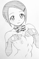 Rule 34 | 1girl, bob cut, bow, bowtie, digimon, digimon adventure 02, fingerless gloves, flat chest, forehead, gloves, hair ornament, hairclip, hands on own chest, highres, hokuto (tokuho), looking at viewer, monochrome, short hair, smile, solo, yagami hikari