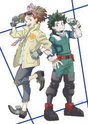 Rule 34 | 2boys, animal, animal on head, artist name, bandana, belt, belt pouch, bird, bird on head, black outline, blue shirt, blunt ends, bodysuit, boku no hero academia, breast pocket, bright pupils, brown hair, buckle, buttons, cel shading, clenched hand, closed mouth, commentary request, corsage, dated, dress shirt, eyewear on head, floating neckwear, flower, freckles, from side, full body, gloves, green bodysuit, green eyes, green gloves, green hair, grey eyes, grey footwear, grey gloves, grey pants, hand on own hip, hand up, high ponytail, highres, jacket, leg up, looking at viewer, looking to the side, male focus, midoriya izuku, morishima noriko, multicolored necktie, multiple boys, necktie, on head, open clothes, open jacket, open mouth, orange flower, outline, pale skin, pants, partial commentary, patch, pino (boku no hero academia), pocket, pointing, pointing at self, ponytail, pouch, red bandana, red belt, rody soul, shirt, short hair, side-by-side, sideways glance, sideways mouth, sleeves past elbows, smile, snap-fit buckle, spiked hair, standing, striped necktie, sunglasses, two-tone necktie, utility belt, white background, white gloves, white pupils, yellow jacket