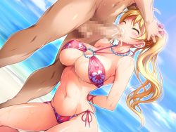 Rule 34 | 1girl, ajishio, arms behind back, bikini, blonde hair, blush, breasts, censored, cleavage, closed eyes, cloud, cum, cum in mouth, day, ejaculation, embarrassed, fellatio, game cg, groin, hands on another&#039;s head, jewelry, kneeling, large breasts, legs, mosaic censoring, necklace, o-ring, o-ring bikini, ocean, oral, orgasm, original, outdoors, pearl necklace, penis, sakaki madoka, sky, standing, sweat, swimsuit, thighs, twintails, two side up, underboob, venus resort kyonyuu rankou island, water