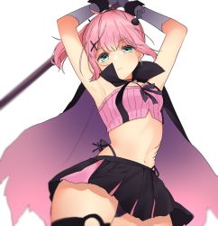 Rule 34 | 1girl, armpits, arms up, bad id, bad twitter id, black skirt, breasts, cape, chiyoda momo, closed mouth, gloves, green eyes, hair ornament, highres, looking at viewer, machikado mazoku, medium breasts, midriff, navel, pink cape, pink hair, ponytail, scar, short hair, simple background, skirt, solo, unizuma eleven, white background, white gloves, x hair ornament