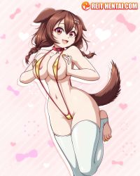 Rule 34 | 1girl, animal ears, bikini, braid, breasts, brown eyes, brown hair, collar, dog ears, dog girl, dog tail, fangs, female focus, highres, hololive, inugami korone, large breasts, looking at viewer, nail polish, open mouth, reit, slingshot swimsuit, smile, solo, swimsuit, tail, thighhighs, toeless legwear, twin braids, virtual youtuber, watermark, web address, yellow nails
