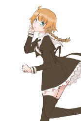 Rule 34 | 1girl, absurdres, ahoge, assault lily, black ribbon, black skirt, black thighhighs, blue eyes, braid, braided ponytail, commentary request, cropped jacket, feet out of frame, frilled skirt, frills, from side, futagawa fumi, hand in own hair, hand up, high-waist skirt, highres, juliet sleeves, leg up, long hair, long sleeves, looking at viewer, looking to the side, low ponytail, miniskirt, neck ribbon, orange hair, parted lips, puffy sleeves, ribbon, sasaki33916, school uniform, shirt, simple background, single braid, sketch, skirt, solo, standing, standing on one leg, thighhighs, white background, white shirt, yurigaoka girls academy school uniform