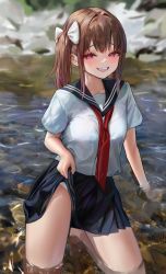 Rule 34 | 1girl, :d, absurdres, blue sailor collar, blue skirt, borrowed character, breasts, brown hair, chrysa ( sa0ru), copyright request, highres, kneeling, looking at viewer, medium breasts, open mouth, outdoors, purple eyes, sailor collar, school uniform, serafuku, shirt, short sleeves, skirt, smile, solo, thighs, twintails, water, white shirt