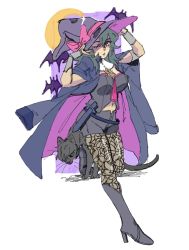 Rule 34 | 1girl, bat (animal), black cat, black shorts, blue eyes, blue hair, byleth (female) (fire emblem), byleth (fire emblem), cat, clothing cutout, commentary, english commentary, fire emblem, fire emblem: three houses, full body, ghostmillk, halloween, halloween costume, hat, high heels, highres, hubert von vestra, navel cutout, nintendo, one eye closed, pantyhose, parted lips, shorts, solo, witch hat