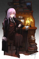 Rule 34 | 1girl, book, cape, closed mouth, drawer, fate/grand order, fate (series), florence nightingale (fate), florence nightingale (formal dress) (fate), formal, full body, gloves, unworn gloves, highres, jacket, long hair, looking at viewer, necktie, ookaminoki, pink hair, red eyes, sitting, smile, solo