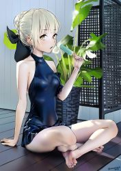 Rule 34 | 1girl, :o, arm support, artoria pendragon (all), artoria pendragon (alter swimsuit rider) (first ascension) (fate), artoria pendragon (fate), bare shoulders, barefoot, black bow, black one-piece swimsuit, blonde hair, bow, braid, braided bun, breasts, collarbone, crown braid, fate/grand order, fate (series), feet, food, hair bow, hair bun, hair ribbon, highres, holding, holding food, indian style, indoors, looking at viewer, medium breasts, on floor, one-piece swimsuit, open mouth, photo-referenced, plant, popsicle, potted plant, ribbon, saber alter, shiny clothes, sidelocks, single hair bun, sitting, small breasts, soles, solo, sunako (veera), swimsuit, toes, white hair, wooden floor, yellow eyes