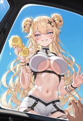 1girl against_glass blonde_hair blue_eyes blush breast_press breasts breasts_on_glass car cleaning cleavage crop_top double_bun from_inside hair_between_eyes hair_bun hair_ornament highres holding holding_sponge kaneko_lumi kaneko_lumi_(3rd_costume) large_breasts long_hair looking_at_viewer motor_vehicle navel on_car phase_connect short_braid smile soap soap_bubbles solo sponge star_(symbol) star_hairband toocvtubers virtual_youtuber washing_vehicle