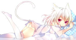 Rule 34 | 1girl, :3, animal ears, ass, bare shoulders, cat ears, cat tail, colored eyelashes, leg up, looking at viewer, lying, naked shirt, no panties, on stomach, original, pillow, pink eyes, red eyes, shirt, short hair, solo, tail, thighhighs, toma tokage, white hair, white thighhighs