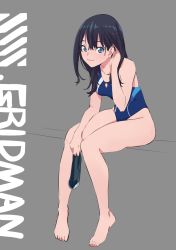 Rule 34 | 1girl, bare legs, barefoot, black hair, blue eyes, blue one-piece swimsuit, breasts, closed mouth, competition swimsuit, full body, grey background, gridman universe, tucking hair, highres, medium breasts, medium hair, one-piece swimsuit, saitou kengo, simple background, sitting, smile, solo, ssss.gridman, swim cap, unworn swim cap, swimsuit, takarada rikka, thighs, wet, wet hair