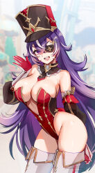 Rule 34 | 1girl, alternate breast size, bare shoulders, blush, boots, breasts, chevreuse (genshin impact), cleavage, eyepatch, foxyreine, genshin impact, hat, highleg, highleg leotard, highres, large breasts, leotard, long hair, looking at viewer, multicolored hair, open mouth, purple eyes, purple hair, red hat, red leotard, shako cap, smile, solo, streaked hair, thigh boots, white footwear, white hair