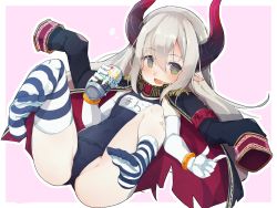 Rule 34 | 1girl, ass, asymmetrical legwear, blush, can, demon horns, drink can, elbow gloves, emma august, full body, gloves, grey hair, hair between eyes, highres, horns, jacket, looking at viewer, nijisanji, open mouth, pointy ears, school swimsuit, single thighhigh, smile, soda can, solo, striped clothes, striped thighhighs, swimsuit, teranekosu, thighhighs, uneven legwear, virtual youtuber, white gloves, yellow eyes