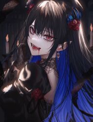 Rule 34 | 1girl, asano (kazusasn), black hair, blood, commentary, earrings, english commentary, fangs, gloves, hair between eyes, highres, hololive, hololive english, horns, jewelry, looking at viewer, nerissa ravencroft, open mouth, pointy ears, slit pupils, solo, teeth, tongue, vampire, virtual youtuber