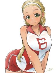 Rule 34 | 10s, 1girl, bad id, bad pixiv id, bare shoulders, blonde hair, blush, breast press, breasts, curvy, forehead, girls und panzer, green eyes, hair slicked back, hairband, highres, leaning forward, long hair, looking at viewer, sasaki akebi, shorts, simple background, smile, solo, solokov (okb-999), sportswear, sweat, tan, tanline, volleyball uniform, wet, wet clothes