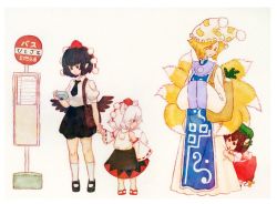Rule 34 | 4girls, aged down, animal ears, bag, bare shoulders, black hair, black wings, blonde hair, brown hair, bus stop, camera, cat ears, cat girl, cat tail, chen, daikon, detached sleeves, earrings, female focus, fox tail, grocery bag, hands in opposite sleeves, hat, holding hands, inubashiri momiji, jewelry, kneehighs, looking at another, mary janes, multiple girls, multiple tails, necktie, nekomata, open mouth, peeking out, pom pom (clothes), radish, sandals, shameimaru aya, shoes, shopping bag, short hair, simple background, single earring, skirt, socks, solid circle eyes, standing, tabard, tail, terrajin, tokin hat, touhou, white background, white hair, white legwear, wings, wolf ears, wolf tail, yakumo ran, yellow eyes