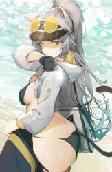 1girl, animal ear fluff, animal ears, arknights, ass, bikini, black bikini, black gloves, breasts, cat ears, cat tail, commentary request, crop top, cropped jacket, day, eyewear on head, eyyy, gloves, highres, hood, hood down, hooded jacket, jacket, long hair, long sleeves, looking at viewer, looking to the side, medium breasts, open clothes, open jacket, outdoors, ponytail, round eyewear, schwarz (arknights), silver hair, solo, swimsuit, swimwear, tail, white jacket, yellow eyes