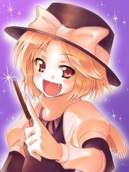 Rule 34 | 1girl, blonde hair, blush, brown eyes, fang, female focus, food, glitter, gradient background, happy, hat, hat ribbon, hirase yuu, long sleeves, mystic square, open mouth, pocky, ribbon, scarf, short hair, solo, touhou, touhou (pc-98), witch, yuki (touhou)