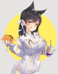Rule 34 | 1girl, animal ears, atago (azur lane), azur lane, black hair, blush, breasts, brown eyes, burger, commentary request, covered navel, cup, disposable cup, drinking straw, food, gloves, highres, holding, holding food, iroha (unyun), large breasts, lips, logo, long hair, long sleeves, looking at viewer, mcdonald&#039;s, mole, mole under eye, sauce, simple background, smile, tongue, tongue out, uniform, upper body, white gloves